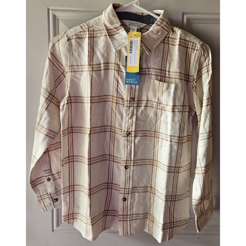 Market‎ & Spruce Boys Plaid Flannel Shirt Size M 8-10 Beige Button Front NWT